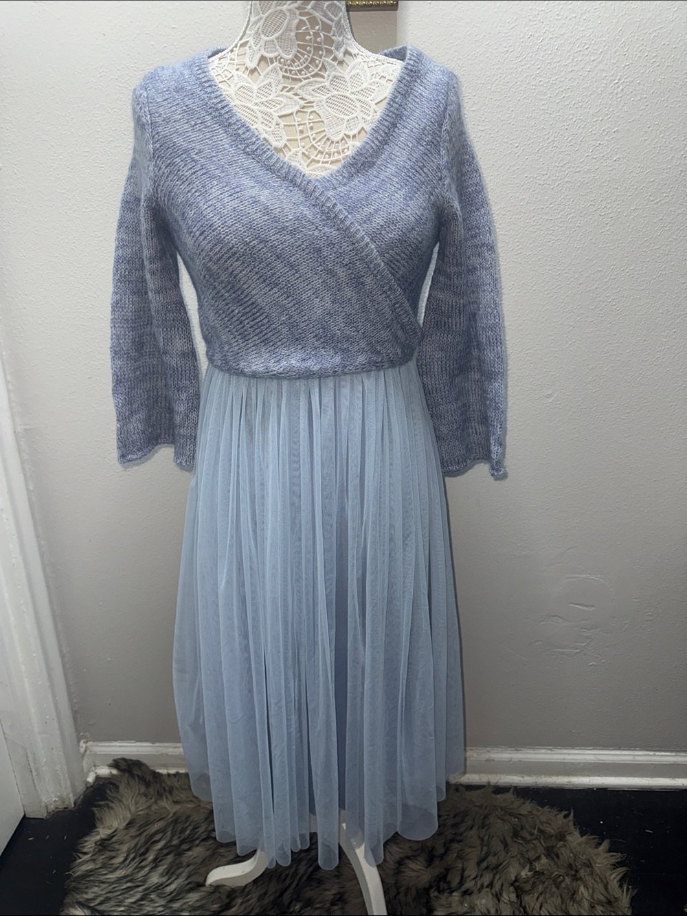 Maeve Powder Blue Knit Wrap Bodice Tulle Midi Dress
